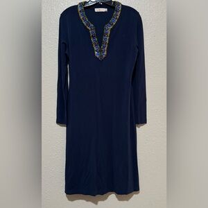 Tory Burch Sabina Midi Sheath Dress W Sz. Med Blue Jeweled Trim Resort Cruise
